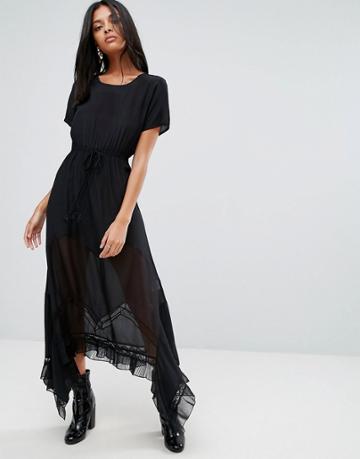 To Be Adored Inka Silk Maxi Dress With Lace Stepped Hem - Black