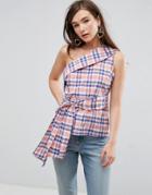 Asos One Shoulder Top In Soft Check With Tie Detail - Multi