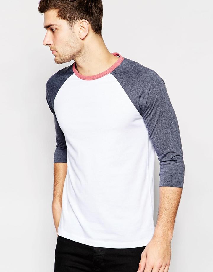 Asos 3/4 Sleeve T-shirt With Contrast Raglan Sleeves With Contrast Neck Trim - White