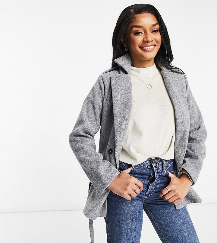 Parisian Petite Tie Waist Double Breasted Jacket In Gray-grey