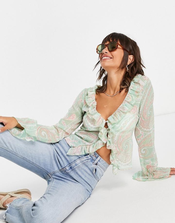 Asos Design Sheer Long Sleeve Blouse With Ruffle Detail In Paisley Print-multi