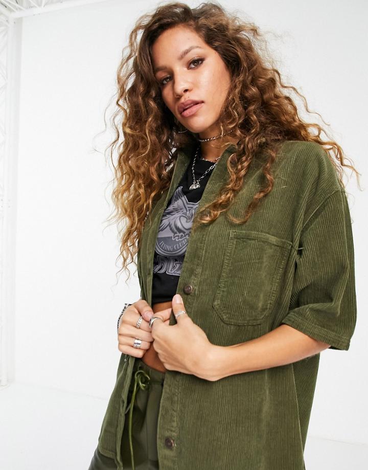 Topshop Cord Short Sleeve Shirt In Khaki - Part Of A Set-green
