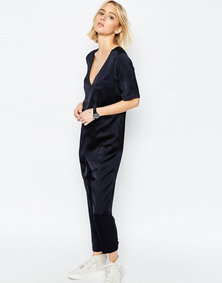 Asos White V-neck Satin Jumpsuit - Navy