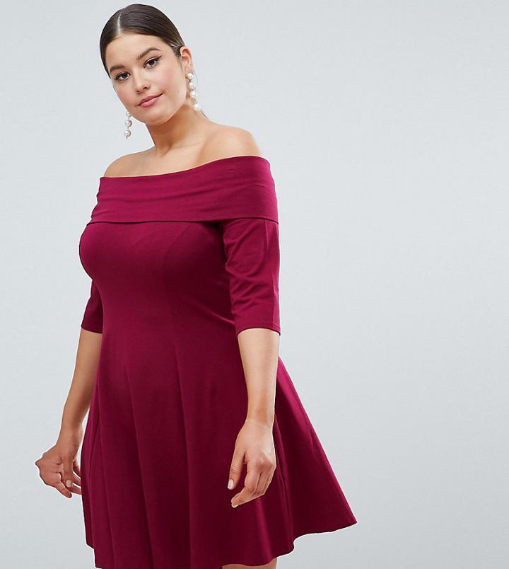 Asos Design Curve Deep Bardot Mini Skater Dress With 3/4 Length Sleeve - Red