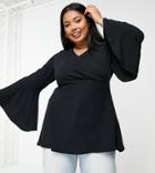 Yours Wrap Top With Flared Sleeves In Black
