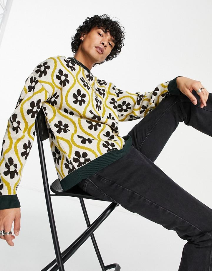 Asos Design Oversized Sweater With Flower Tile Jacuard-multi