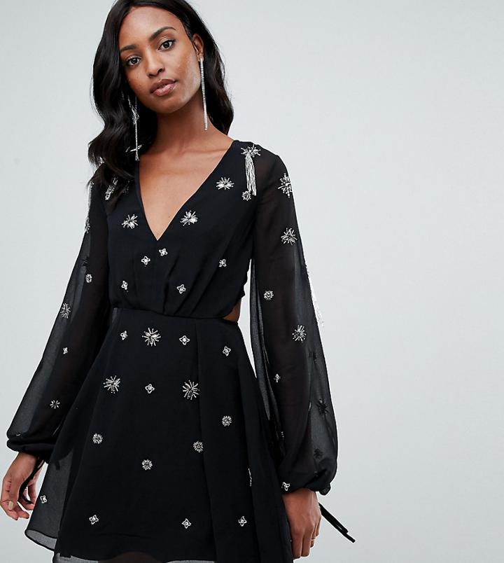 Asos Design Tall Long Sleeve Mini Dress With Cluster Embellishment - Black