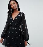 Asos Design Tall Long Sleeve Mini Dress With Cluster Embellishment - Black
