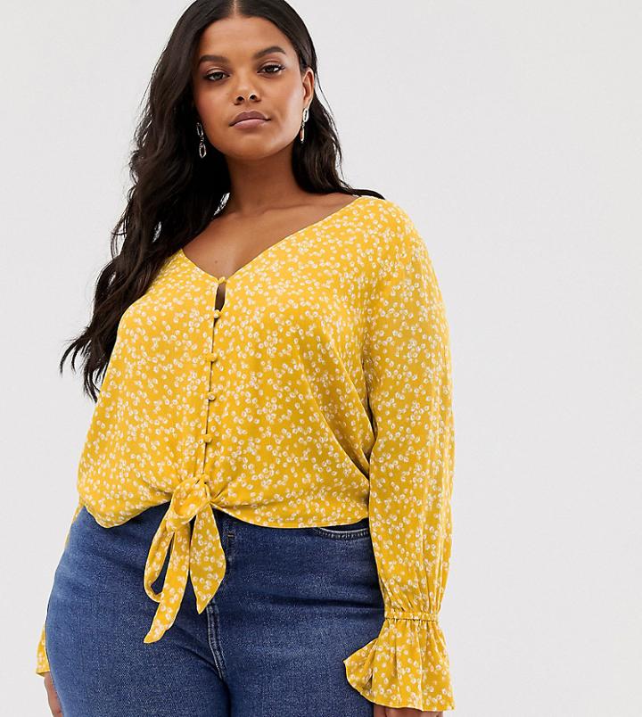 Wild Honey Plus Tie Front Crop Top In All Over Rose Print-yellow
