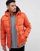 Pull & Bear Fleece Lined Puffer In Orange With Hood - Orange