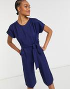Closet London Cap Sleeve Tie Waist Wide Leg Jumpsuit In Navy