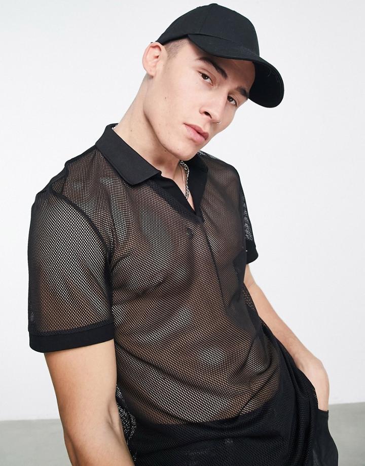 Asos Design Revere Polo T-shirt In Black Mesh
