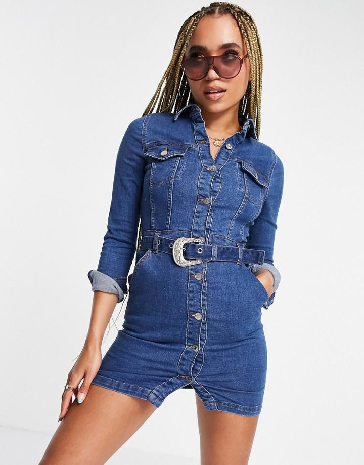 Parisian Denim Mini Dress With Western Belt In Mid Blue-blues