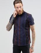 Asos Shirt With Aztec Print In Blue With Short Sleeves In Regular Fit - Black
