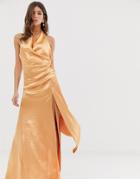 Asos Design Halter Maxi Dress In High Shine Satin With Drape Neck - Orange