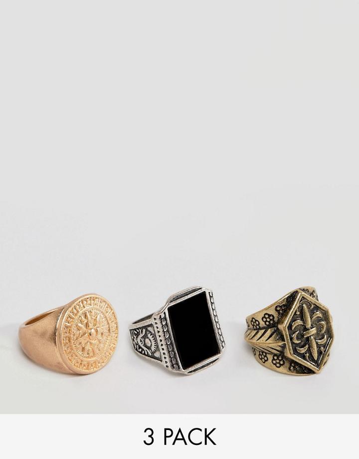 Pull & Bear Pack Of 3 Signet Rings - Silver