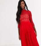 Little Mistress Tall Midi Length 3/4 Sleeve Lace Dress In Tomato Red