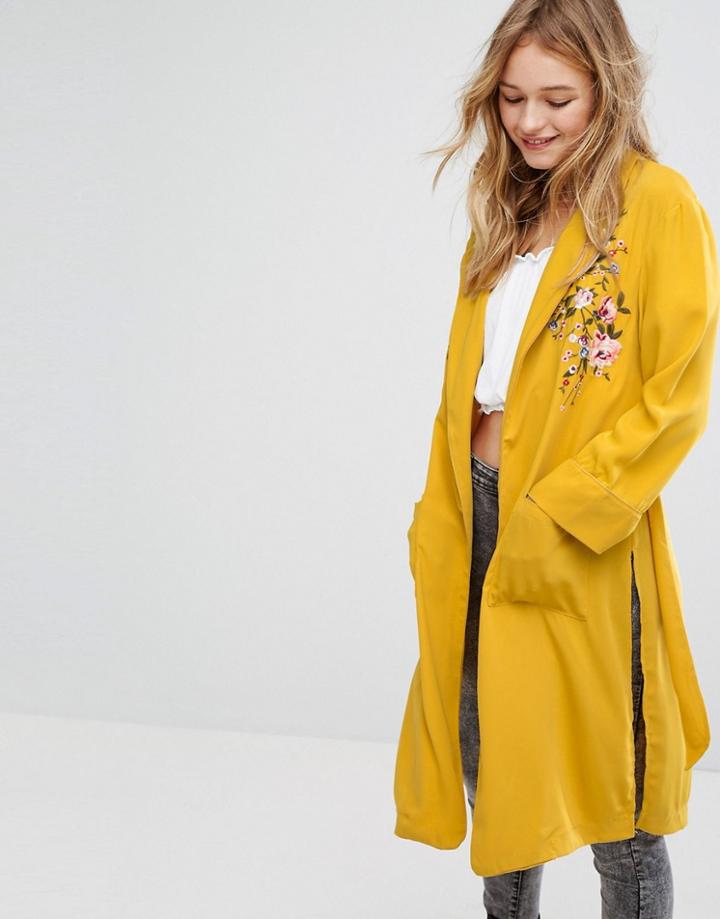 Bershka Embroidered Kimono Jacket - Yellow