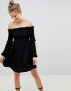 Asos Off Shoulder Sundress With Shirring And Balloon Sleeves - Black