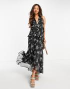 Asos Design Halter Neck Floral Print Midi Dress With Ruffle Detail-multi