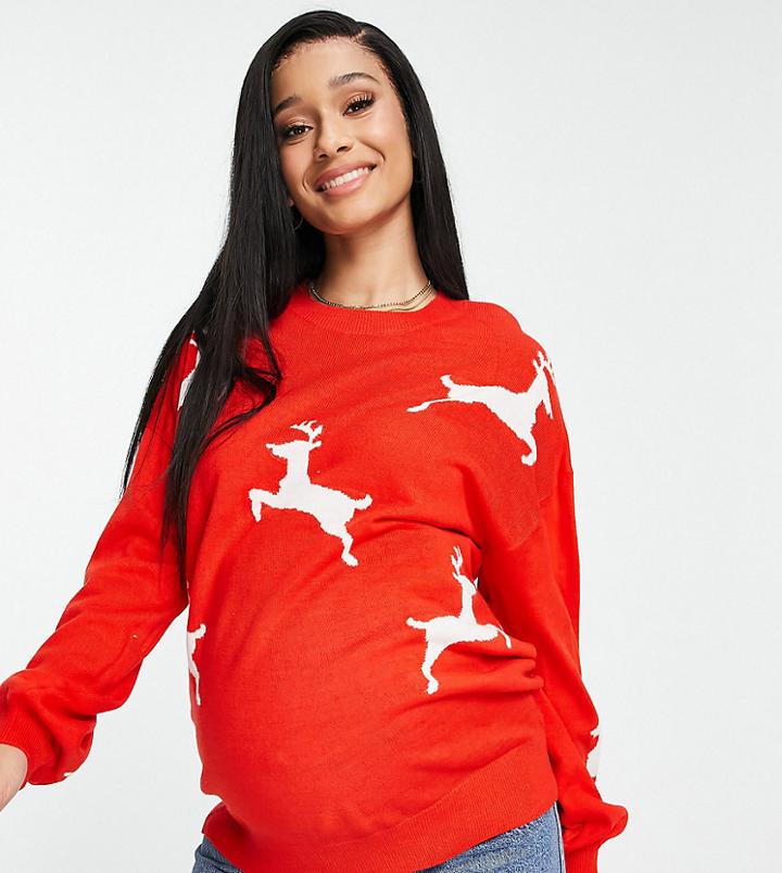 Asos Design Maternity Christmas Sweater With Reindeer Pattern-red