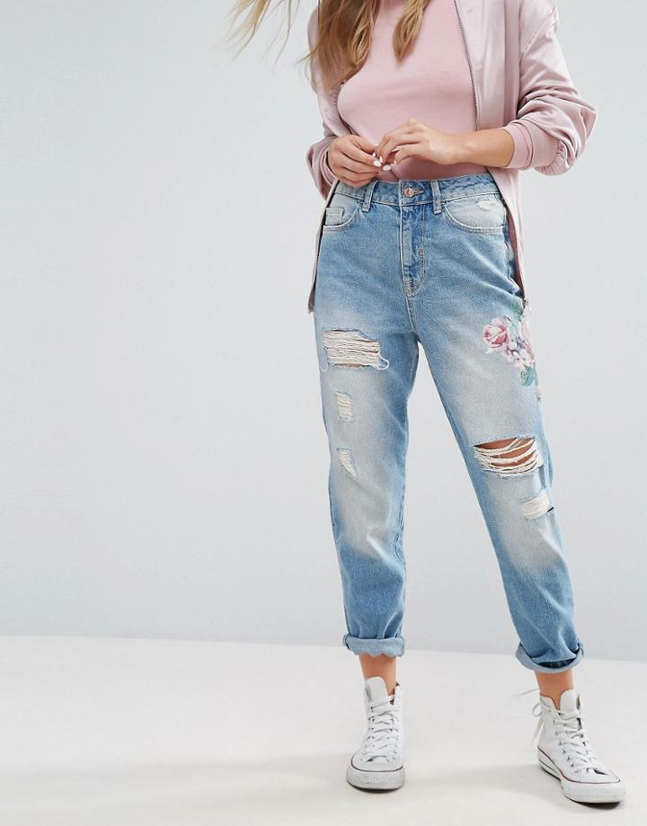 New Look Floral Embroidered Mom Jean - Blue