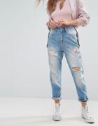 New Look Floral Embroidered Mom Jean - Blue