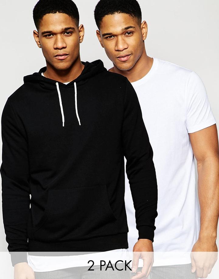 Asos Hoodie & Longline T-shirt 2 Pack Black/ White Save 15%