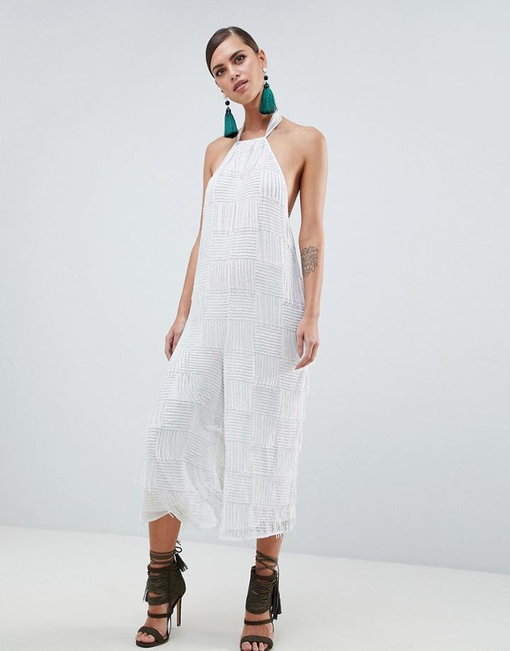 Asos Design Check Fringe Embellished Halter Jumpsuit - White
