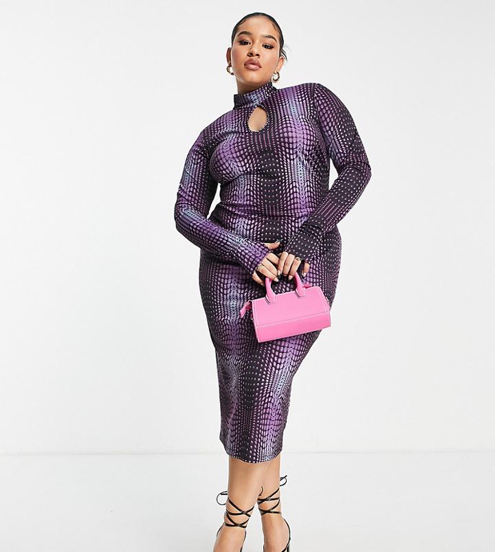 Asos Design Curve Long Sleeve Midi Dress With Keyhole And High Neck In Body Map Print-multi