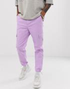 Asos Design Tapered Cargo Pants With Toggles In Purple - Purple