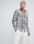 Asos Design Stretch Slim Snakeskin Printed Shirt In Gray - Gray