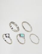 Asos Pack Of 5 Turquoise Etched Stone Rings - Silver