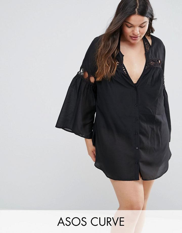 Asos Curve Beach Cover Up Shirt With Lattice Insert Detail - Black