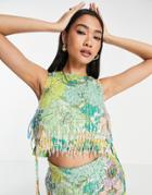 Asos Edition Bright Floral Print And Sequin Crop Top With Fringe-multi