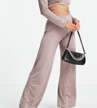 Asos Design Petite 00s Jersey Satin Suit Wide Leg Pants In Mocha-brown