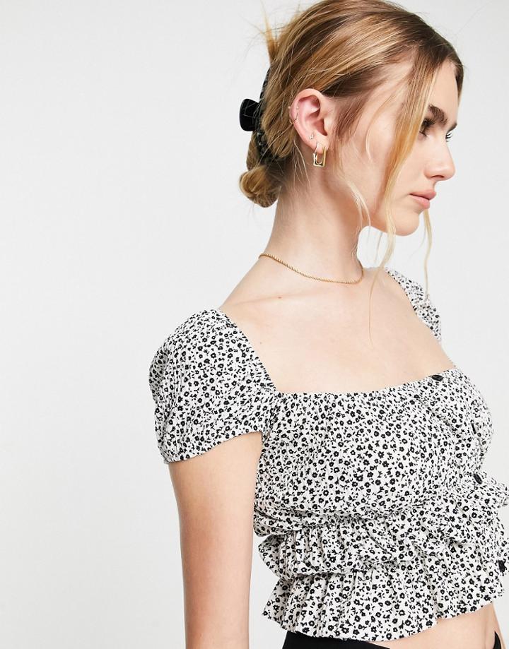 Asos Design Sun Top In Crinkle In Mono Ditsy Print-multi