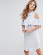 Miss Selfridge Cutwork Stripe Cold Shoulder Shirt Dress - White