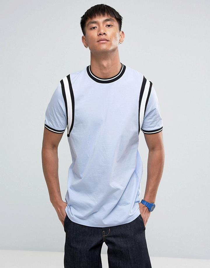 Asos Longline T-shirt With Monochrome Tipping And Sleeve Insert In Blue - Blue