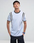 Asos Longline T-shirt With Monochrome Tipping And Sleeve Insert In Blue - Blue