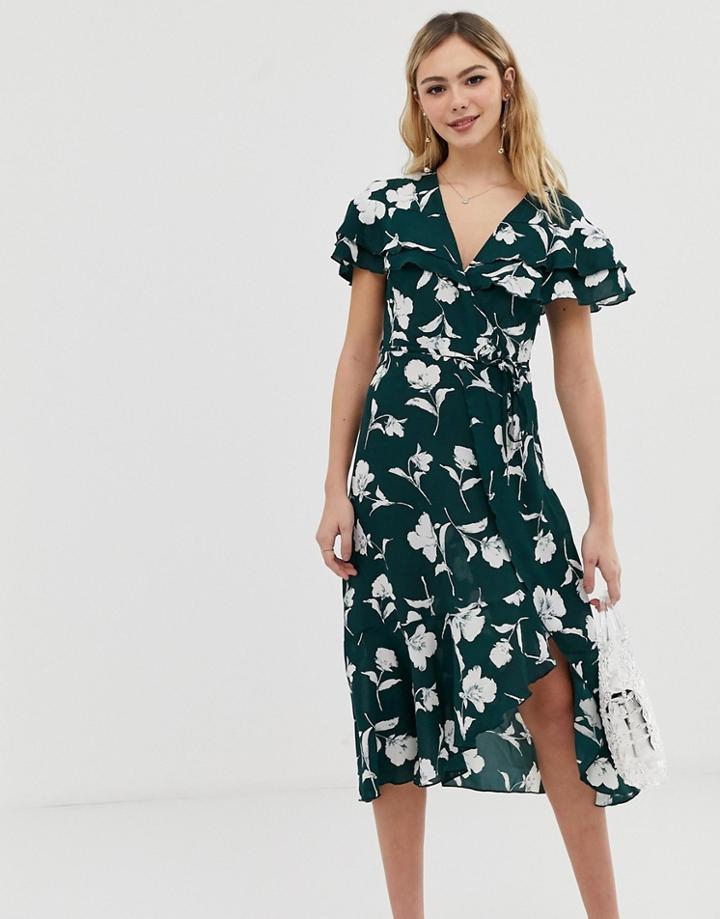 Liquorish Floral Wrap Dress With Ruffle Sleeves - Green