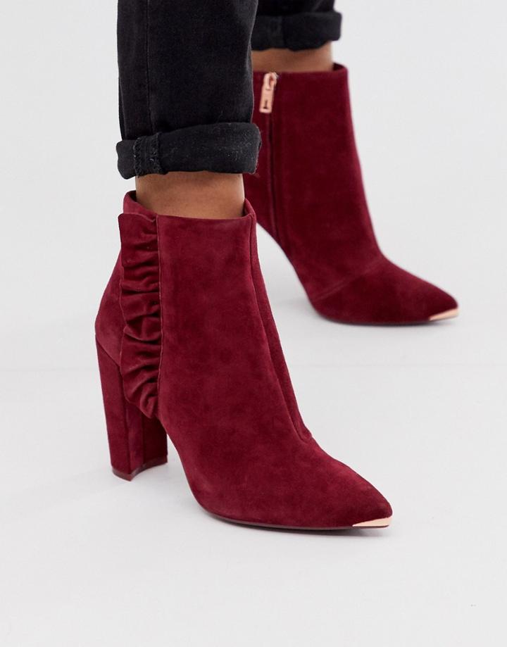 Ted Baker Frillis Ruffle Heeled Ankle Boots In Berry Suede-black