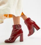 Miss Selfridge Patent Heeled Boots With Buckle Detail In Red