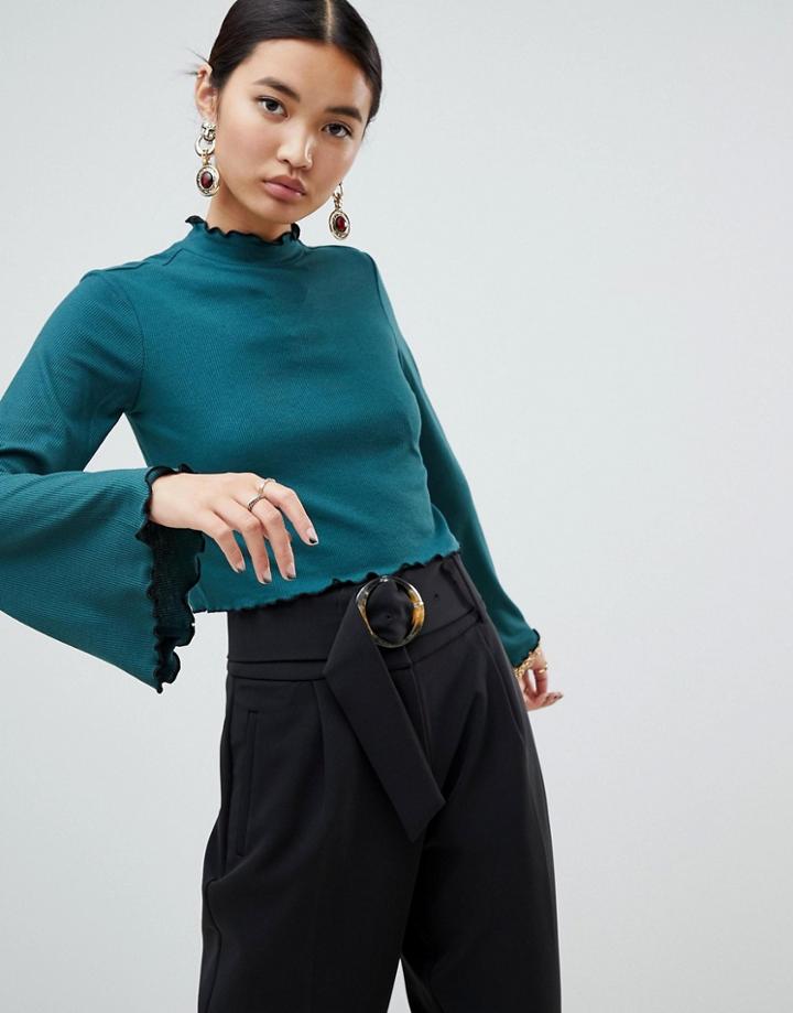 Na-kd High Neck Frill Detail Jersey Top In Green - Green