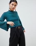 Na-kd High Neck Frill Detail Jersey Top In Green - Green