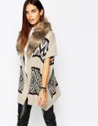 Warehouse Printed Cardigan With Faux Fur Collar - Multi