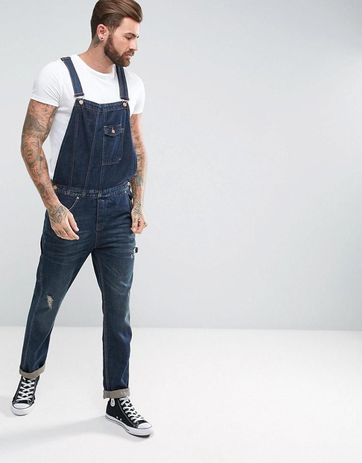 Asos Denim Overalls In Vintage Dark Wash With Work Wear Detailing - Blue