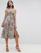 Asos Ruffle Pinny Off Shoulder Midi Dress In Floral Print - Multi