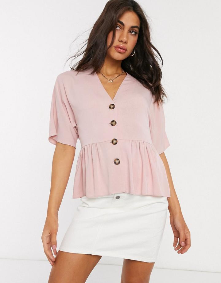 Asos Design Peplum Top With Contrast Buttons In Pink