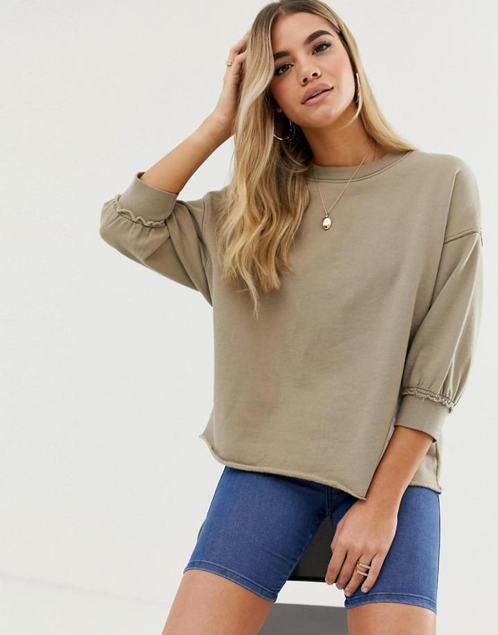 Asos Design Washed Sweat With Wide Sleeve In Khaki - Green